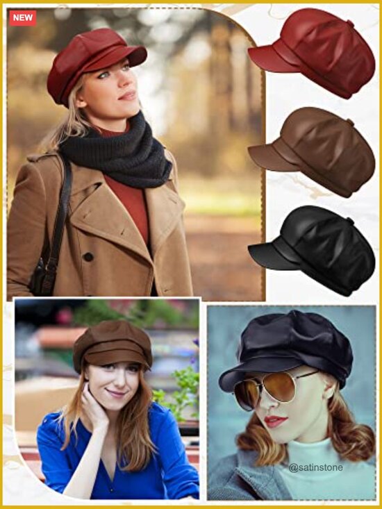 3 Pcs PU Leather Newsboy Hats 8 Panel Visor Beret Cabbie Hat main image 7